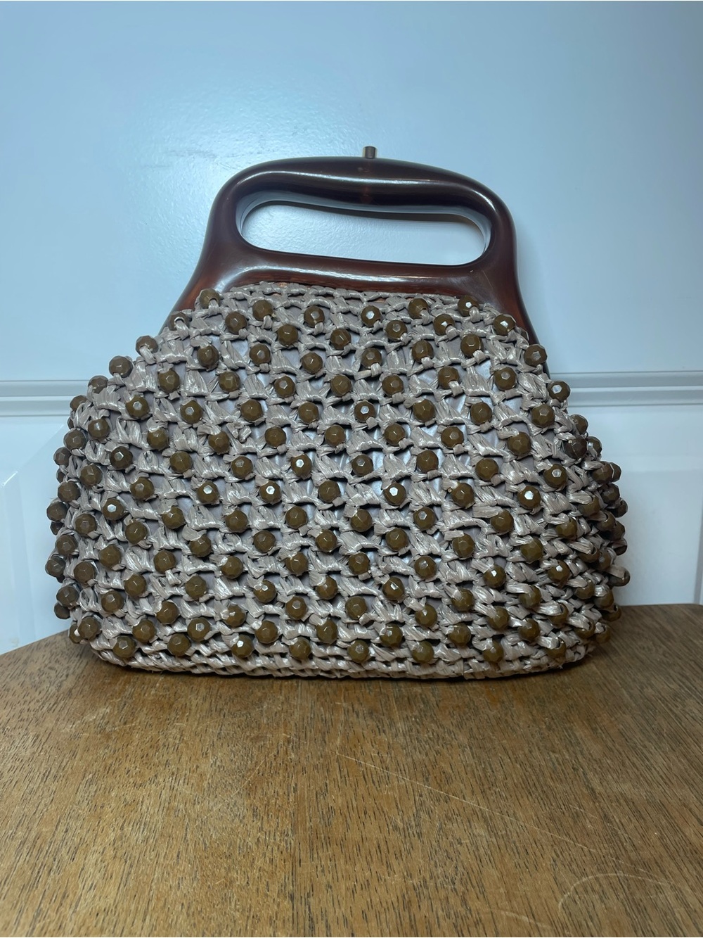 Vintage Ritter Beaded Woven Handbag Brown Lucite Handle Made in Italy